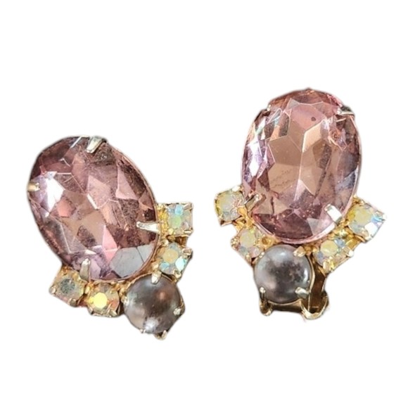 Vintage 50s Clip-On Earrings Signed Garne lg Lavender Rhinestone Gold-Tone Rare - Picture 5 of 8